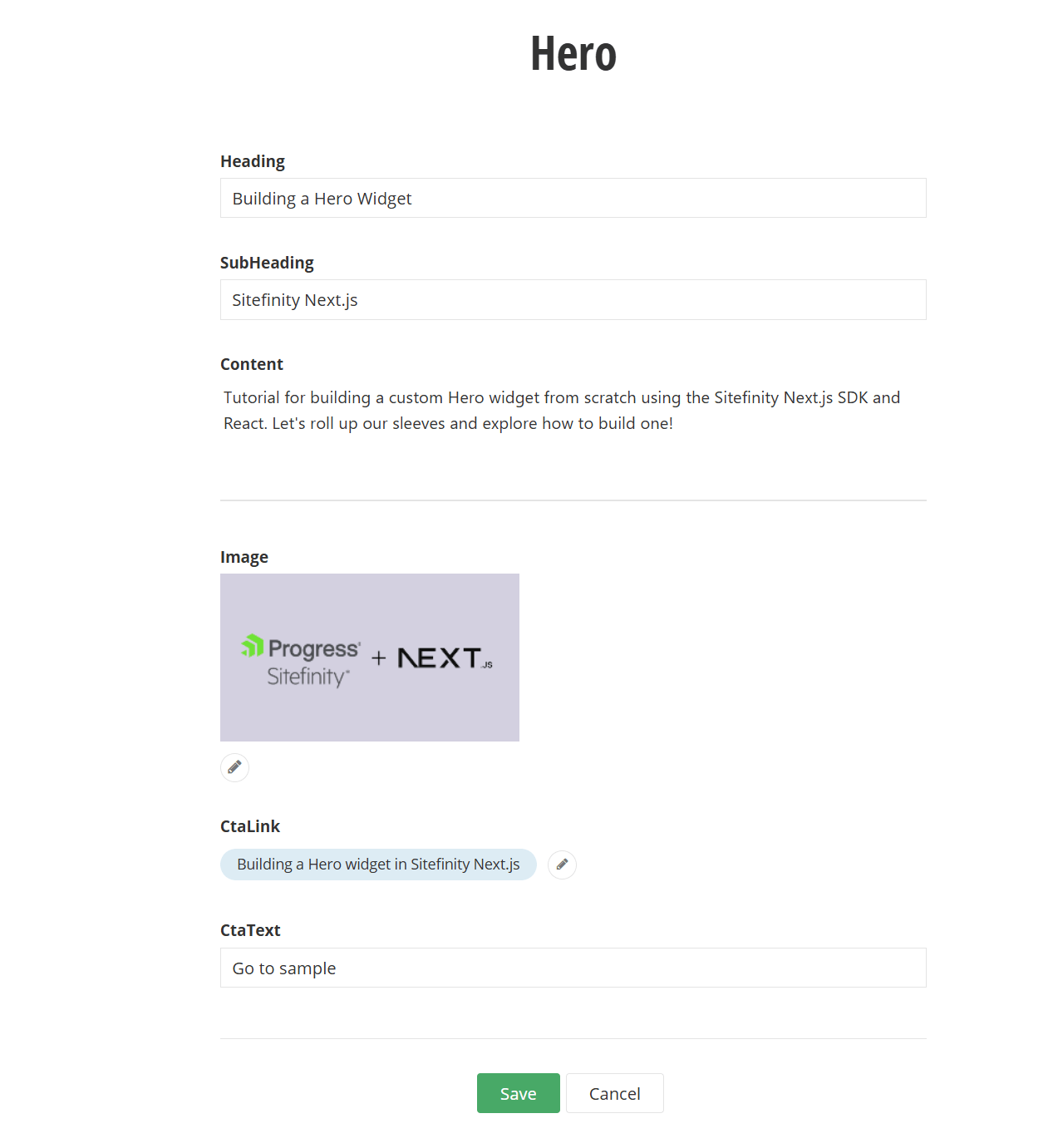 Hero widget designer view with all the fields created